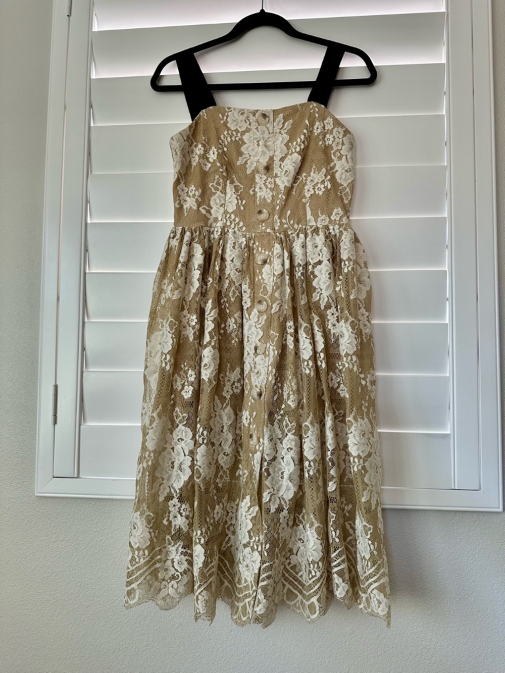 See U Soon Womens Midi Cottagecore Beige Lace Dress with Cream Floral‎ Overlay